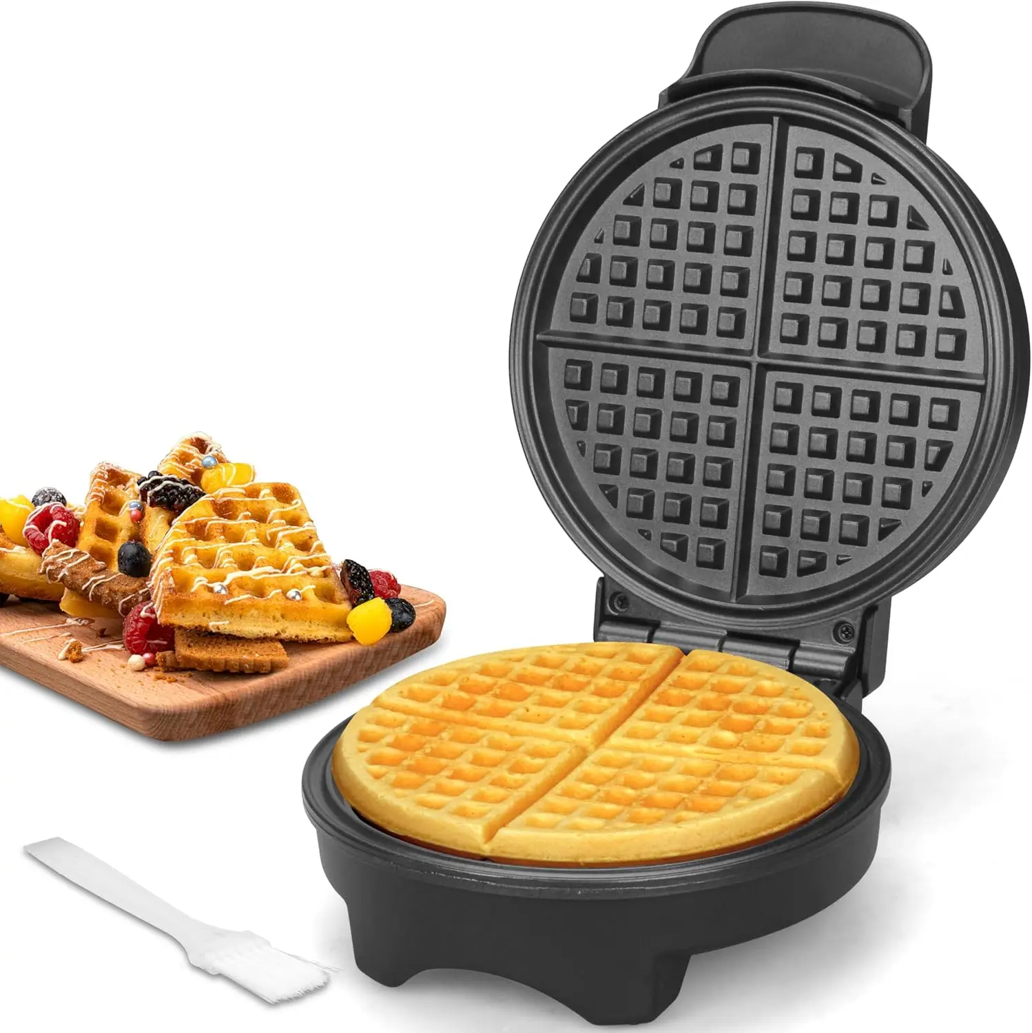 

7-Inch Round Classic Waffle Maker, Mini Non-Stick Iron for Crispy Thin Waffles in Black