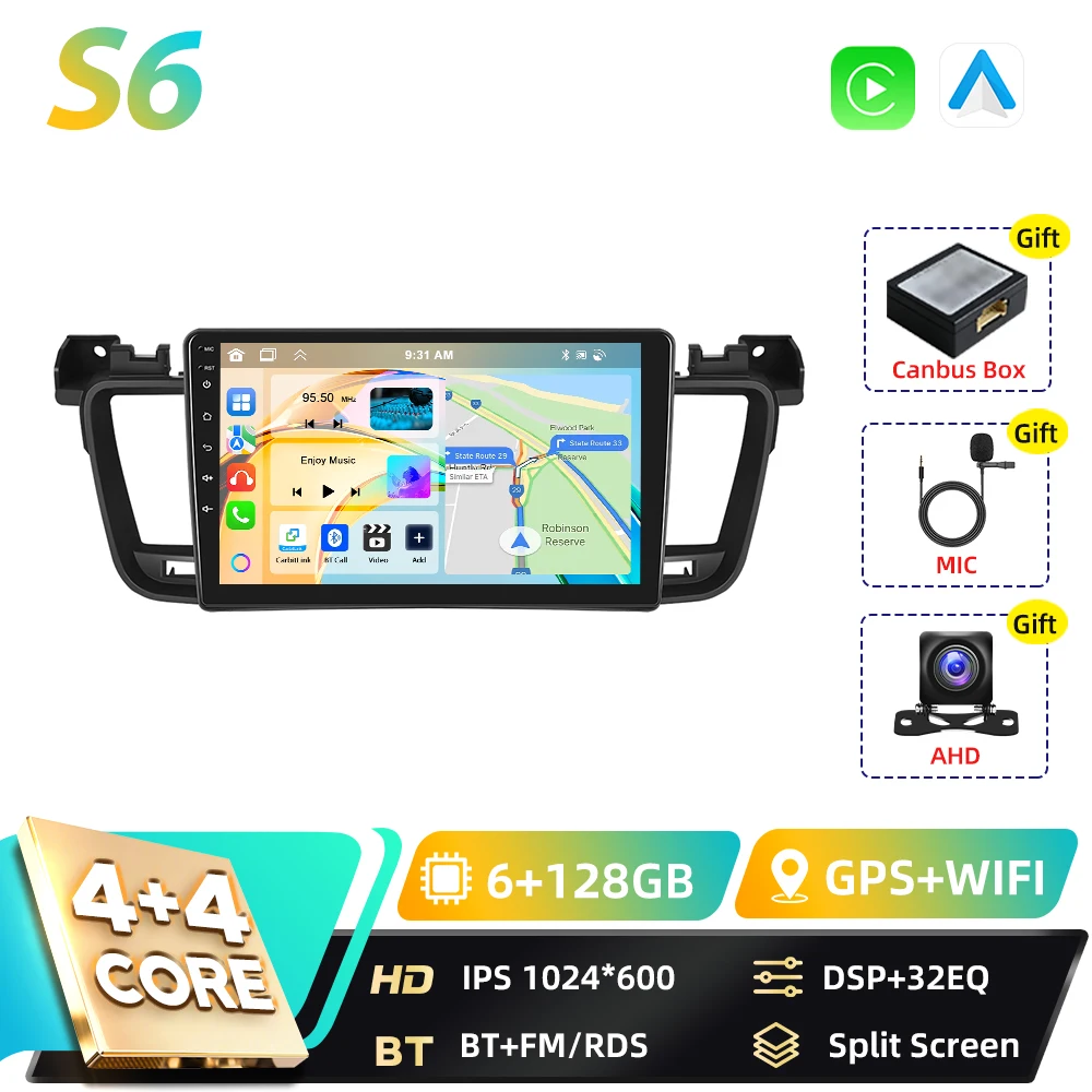 Podofo Qualcomm 8-core 2-DIN Android autoradio voor Peugeot 508 2012-2016 met BT, Carplay, FM, Android Auto, WIFI, GPS, RDS en DSP
