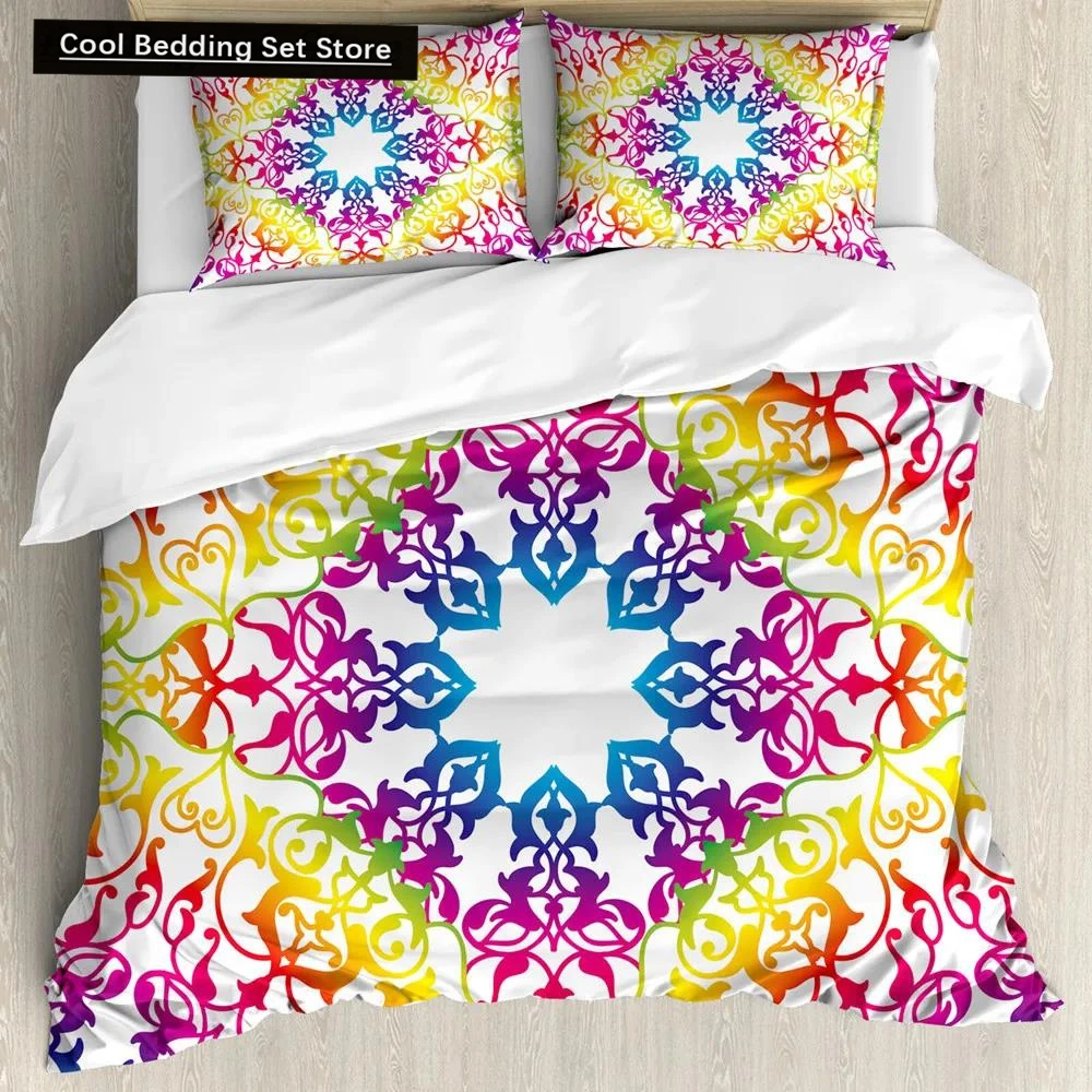 

Mandala Duvet Cover Set Boho Style Ethnic Colorful Spring Garden Themed Multicolor Polyester Bedding Set Double Queen King Size