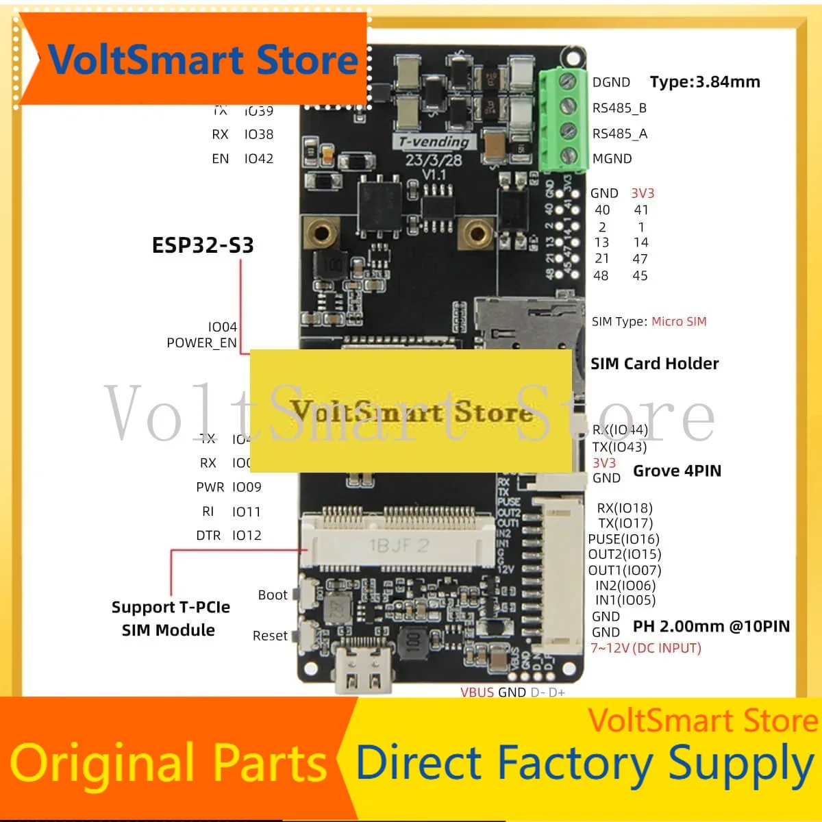 VoltST-Vending On-board ESP32-S3-WROOM-1 Module With RS485 Serial Port Supports T-PCIE Expansion Adapter Board