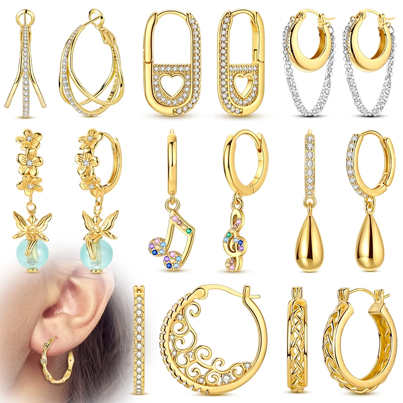 

925 Sterling Silver Golden Hoop Earrings For Women U Shape Round Sparkling Pendant Earrings Wedding Jewelry