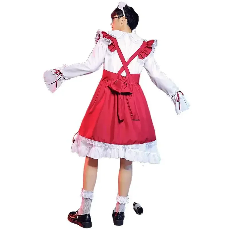 Fantasia japonesa de empregada doméstica, vestido de renda lolita, cross-dresser, preto, gótico, carnaval, roupa de halloween para homens, mulheres, vestidos vermelhos m