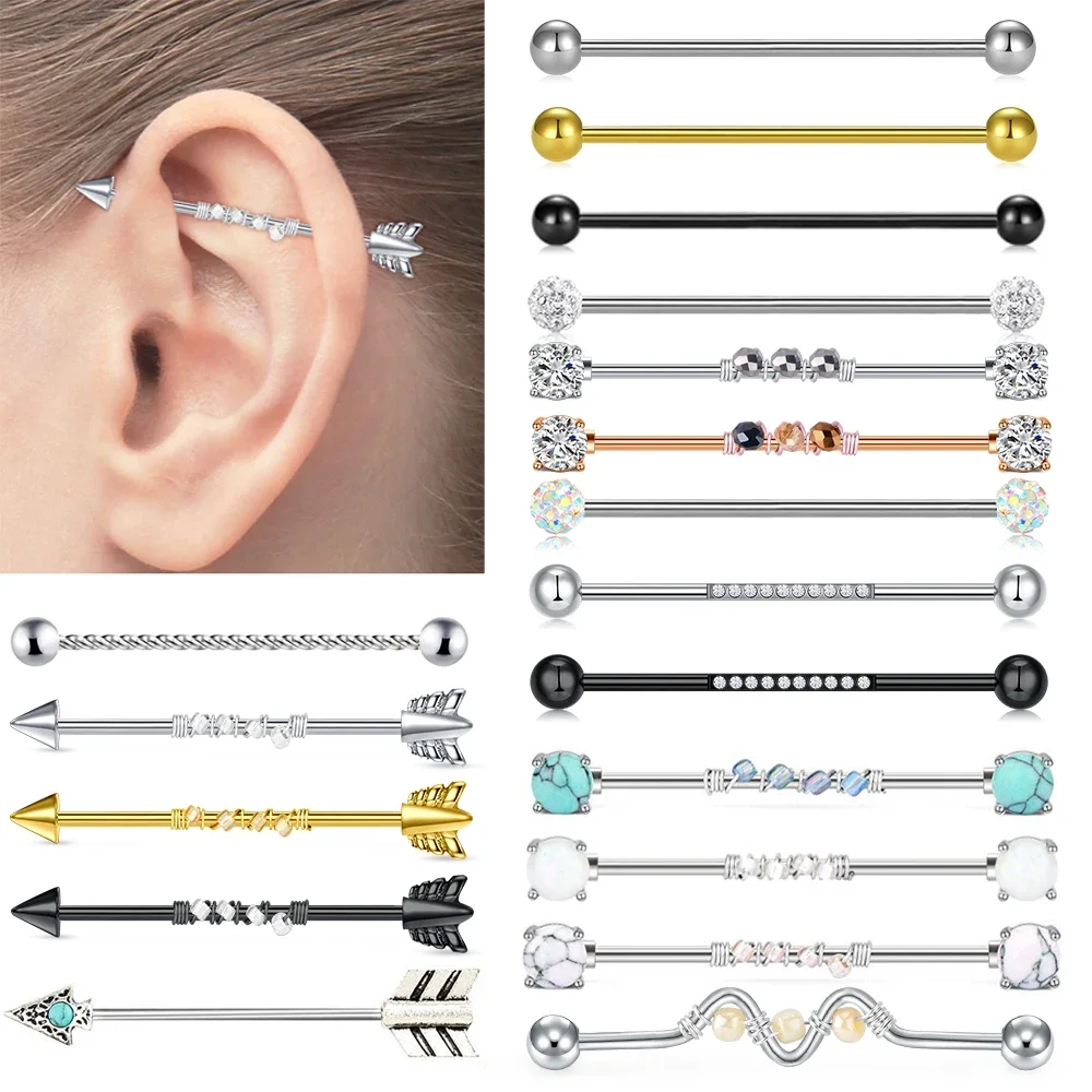 1Pcs 14G 38mm Stainless Steel Industrial Barbell Ring Ear Straight Barbell Stud Cartilage Earring Helix Body Piercing Jewelry