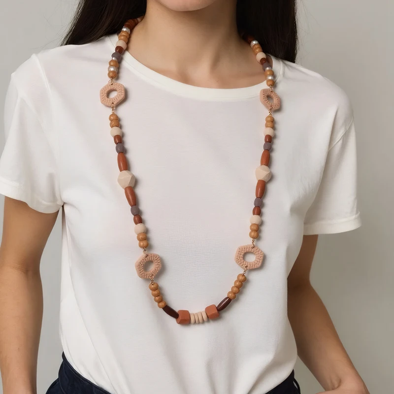 Long Statement Necklace for Women Daily wear Bohemian Multi-Tone Wood Acrylic Beaded Jewelry Sweater Chain in Earthy Colors
