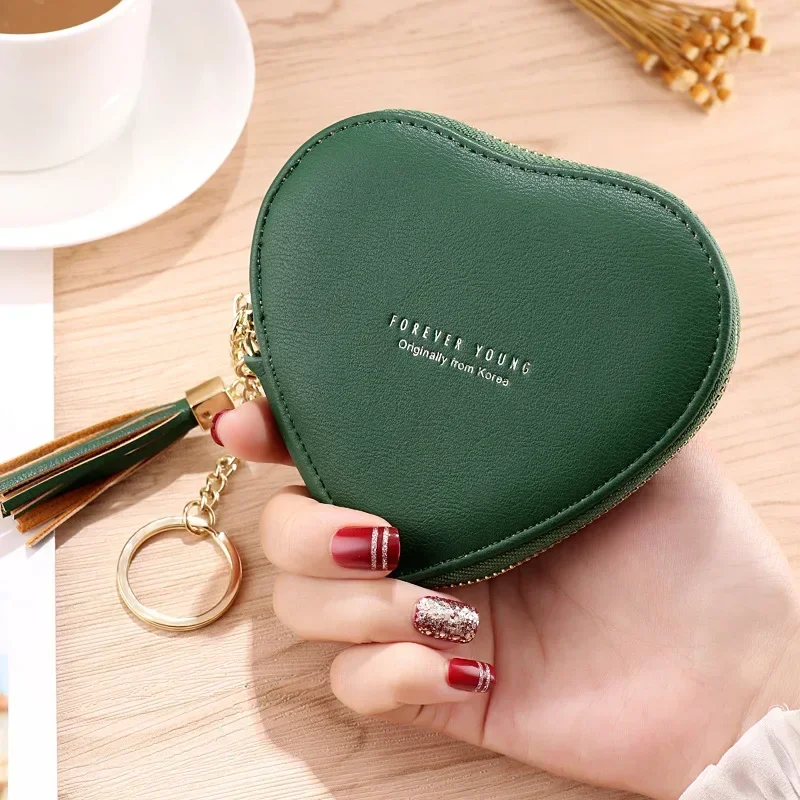 PU Leather Tassels Zipper Mini Clutch Key Ring Coin Money Bag Girls Cute Small Purse Fashion Heart Shape Women's Wallets