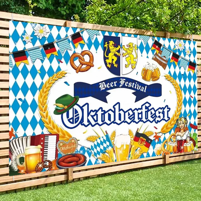 Oktoberfest Theme German Bavarian Party Indoor and outdoor Decoration Banner Photo Background Festival Blue Check Barrel