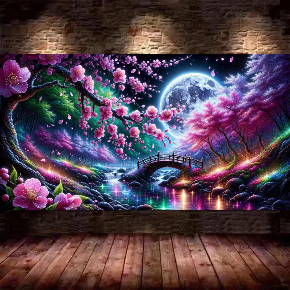 

DIY 5D Diamond Painting Fantasy Landscape Bridge Pink Flowers Moon New 2025 Peach Blossom Full Mosaic Diamond Embroidery Sale