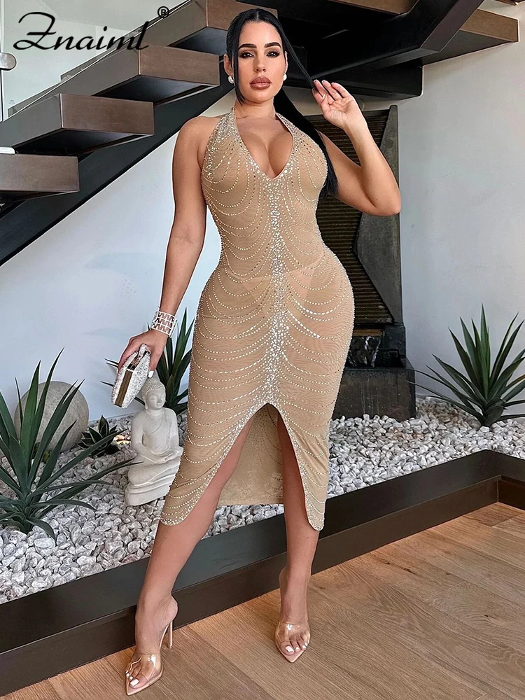 Znaiml Sexy Sparkly Halter Backless Apricot Midi Dress Women Evening Celebrity Crystal Rhinestone Birthday Party Gown Vestidos