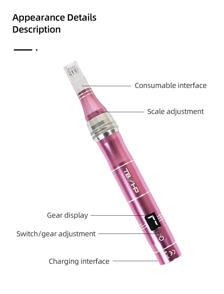 Professioneller Elektrischer Kabelloser M1 Microneedle-Stift mit 12 Kartuschen, Nadellänge 0,25 mm, Schönheitsgerät, Derma Pen – Detail 3