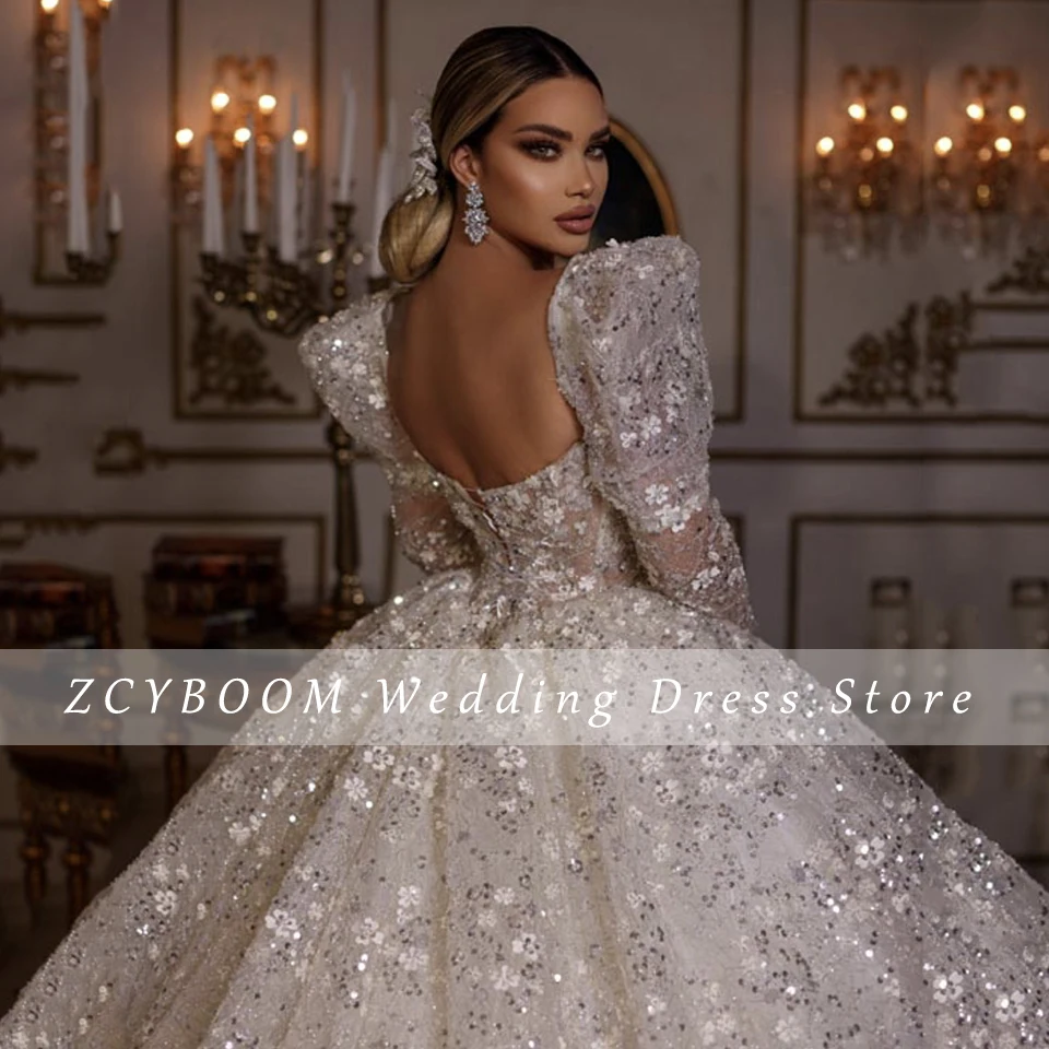 Customized Sweetheart Flowers Long Sleeves Bow White Princess Wedding Dress 2024 Ball Gown Floor Length Sweep Train Bridal Gown