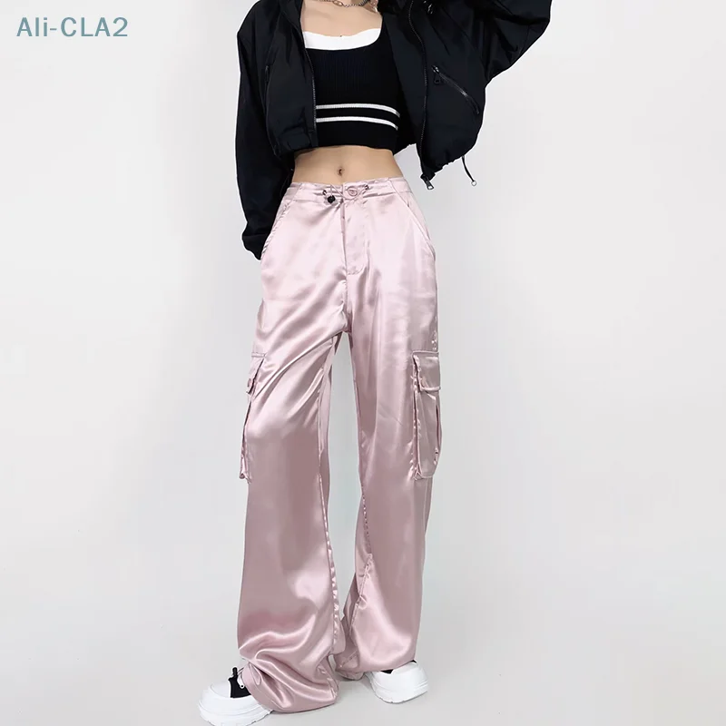 

Luxury Solid Pink Drawstring Fluid Baggy Cargo Pants Women Black Beige Gray Streetwear Trousers Bottoms