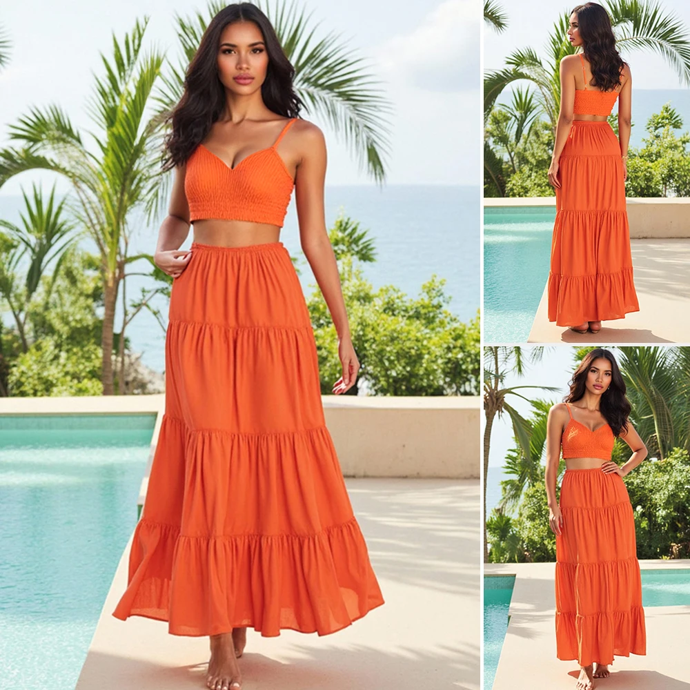Mia Muse Boutique مجموعات الصيف عالية الخصر مطوي ide شق تنورة مجموعات للنساء عطلة بلون بلا أكمام حمالة اقتصاص