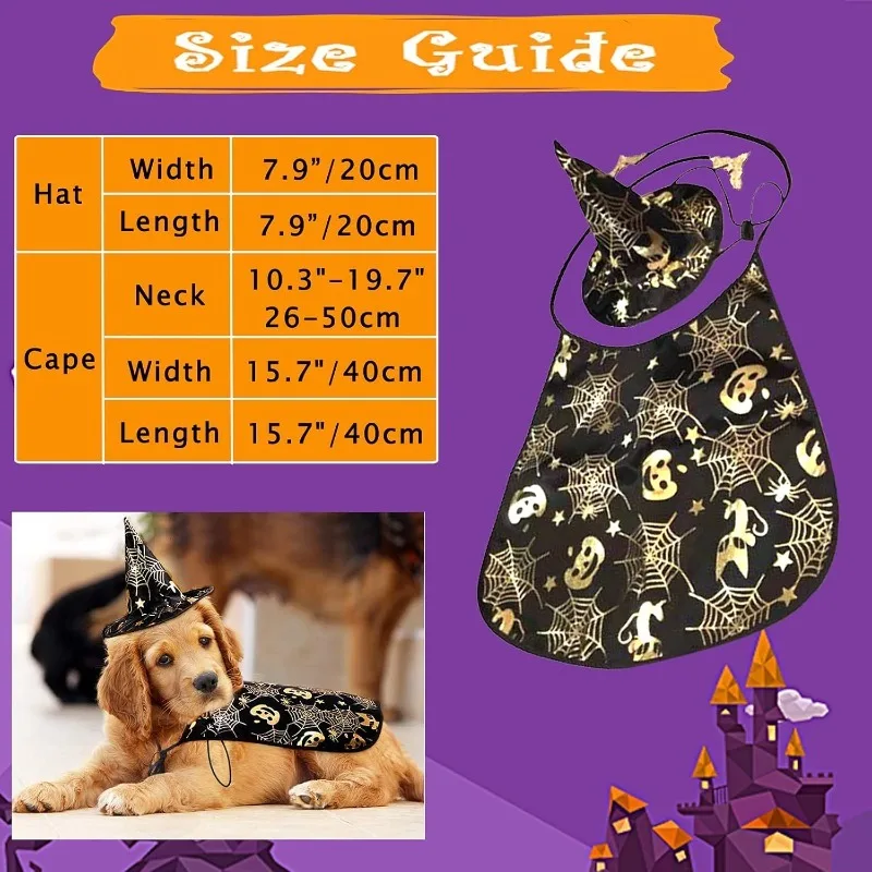 New Halloween Pet Wizard Set Adjustable Fun Puppy Hat Costume for Medium Large Dogs Cats Cool Cosplay Party Costume Decoration