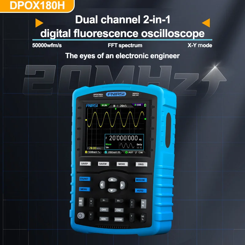 DPOX180H 2 in 1 Handheld Dual Channel Digital Oscilloscope 180MHz-3DB 2 In 1 Function Signal Generator Fluorescence Display ZOOM