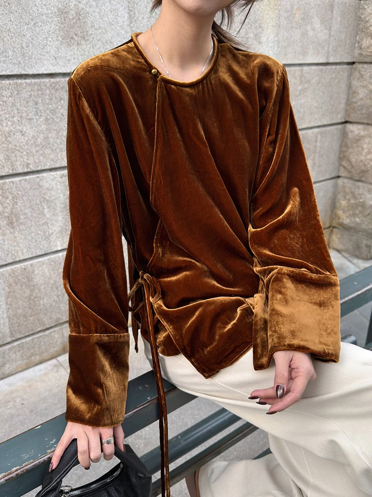 

Chinese Sle Velvet Top Women's Loose Fit Long Sve round Ne Breathable Faionable Casual irt Comfortable Polyester