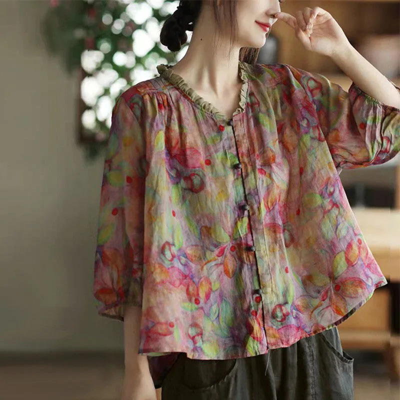 

Cotton and Linen Short Sleeve Thin Woman Blous Shirt Doll Collar Top 2025 Summer New Loose Fashion Korean Women's Clothes Wh5