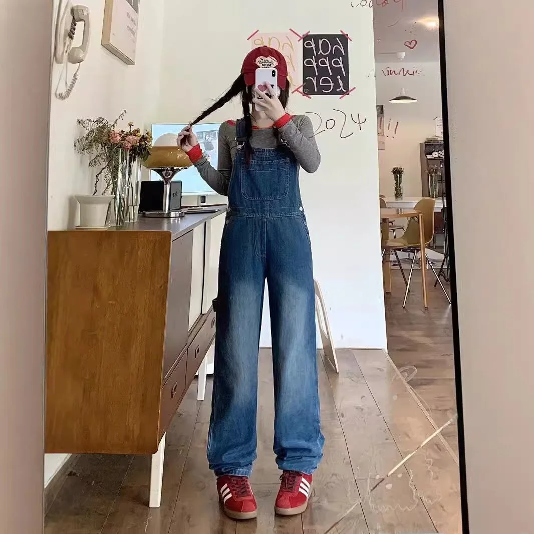 Retro American Denim Overalls Women's Loose Straight Fit Spring Autumn Versatile Trendy Cotton Blend Comfortable Casual Style