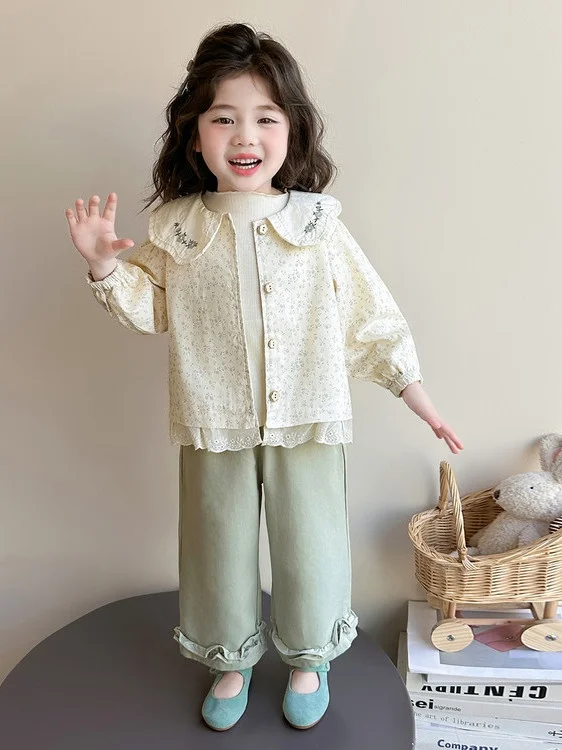 

Girls Doll Collar Floral Print Two Piece Set Casual Loose Wide Leg Pants Versatile Spring New Sle Breathable Cotton irt