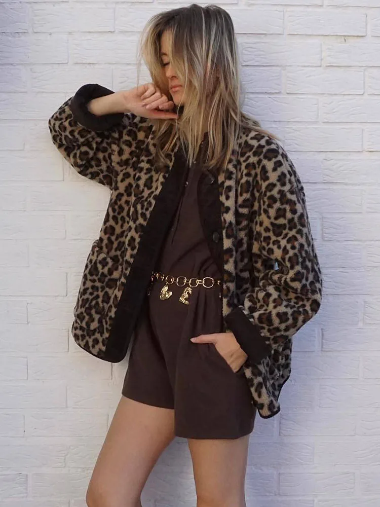 Woman Leopard Jacket Retro Stand Collar Pocket Warm Ladies Outfit 2024 Autumn Winter Fashion Girls Chic Clothes