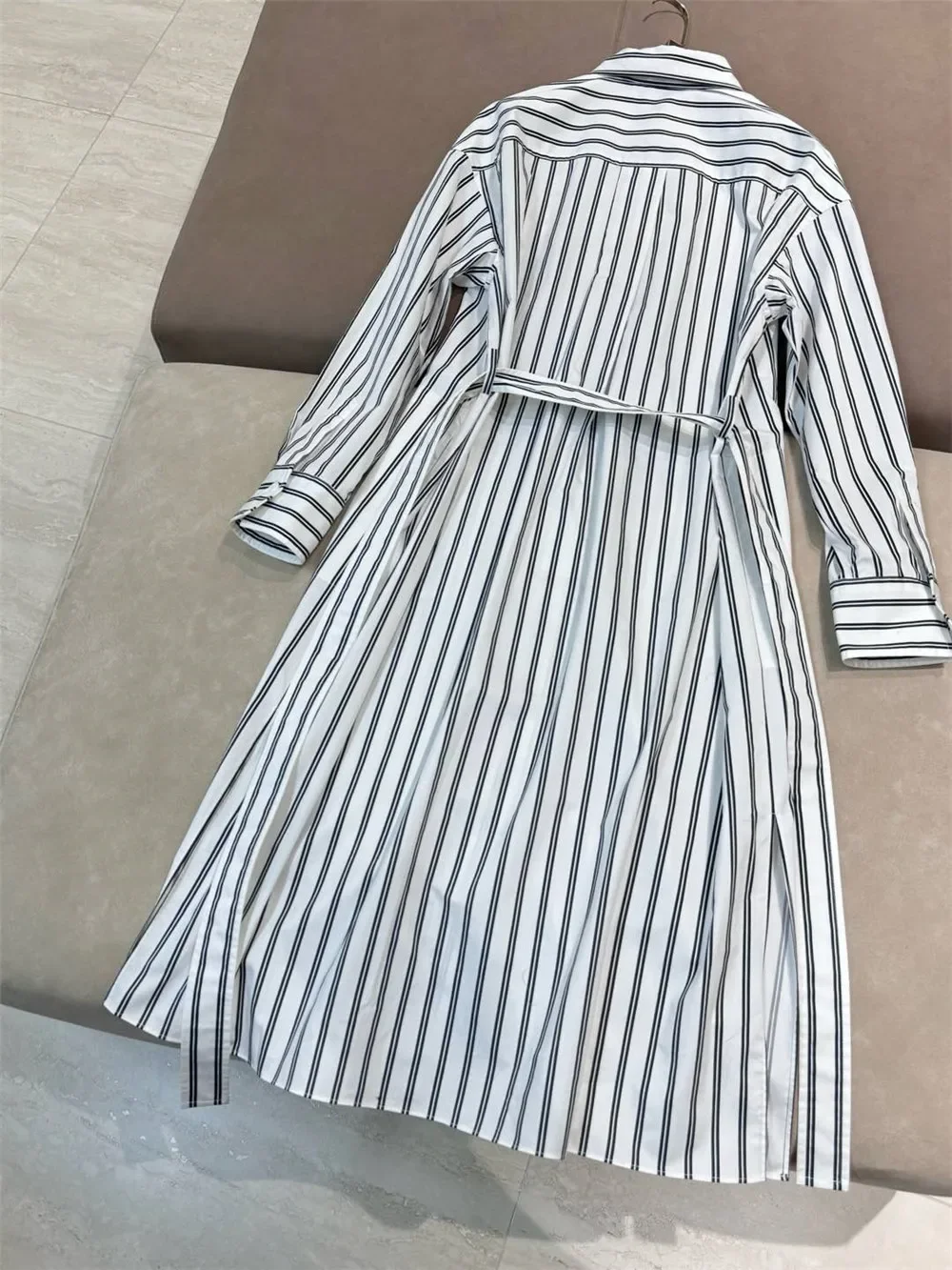 Spring 2025 Women's Striped Shirt Dress Sequined Embroidery Turn-down Collar Lace-up Waist Single Breasted Loose Cotton Robe