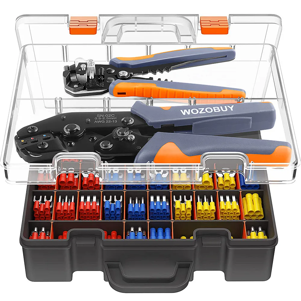Kit de ferramentas de crimpagem de terminais de fio, ferramenta de crimpagem de catraca AWG22-13/0,5-2,5 mm2 para conectores de fio isolados