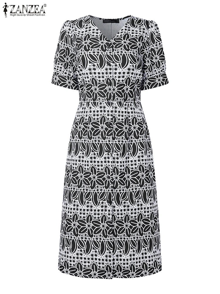 ZANZEA femmes élégant imprimé fleuri Robes mi-longues 2025 été chic col en v manches courtes bouffantes a-ligne Robes Femme boutonné Robes