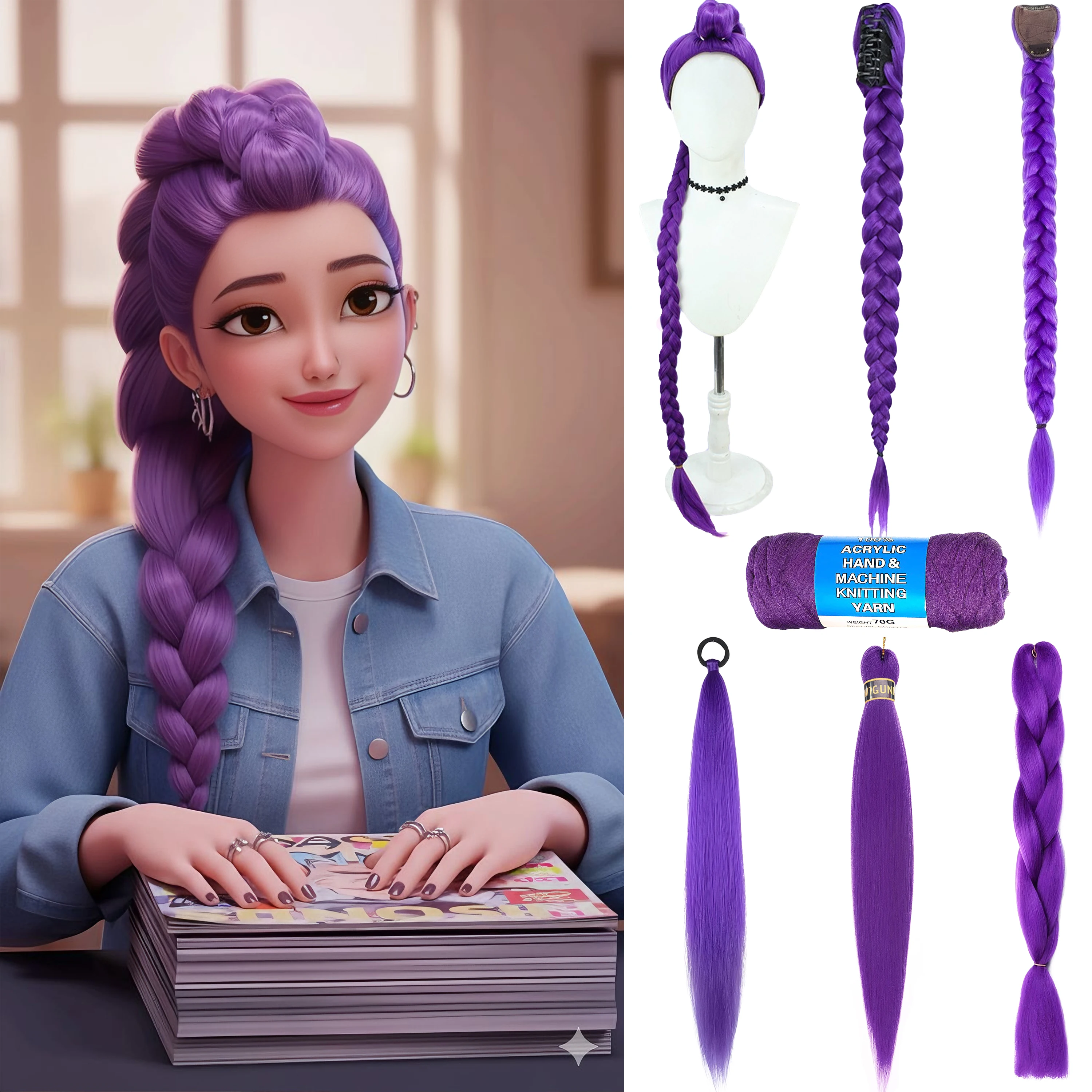 Long Braided Purple Hair Ponytail Extensions Claw Clip Hair Wig for Kids Costume for Chritmas Theme Party Purple Wig Hair