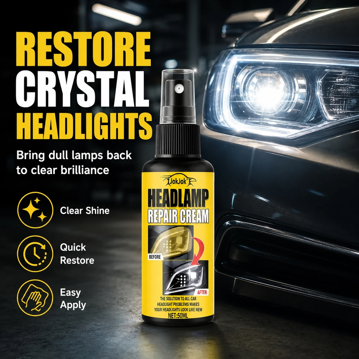 50ml ceramic headlamp repair spray, advanced automobile headlamp repair tool - remove yellowing and oxidation, restore clarity