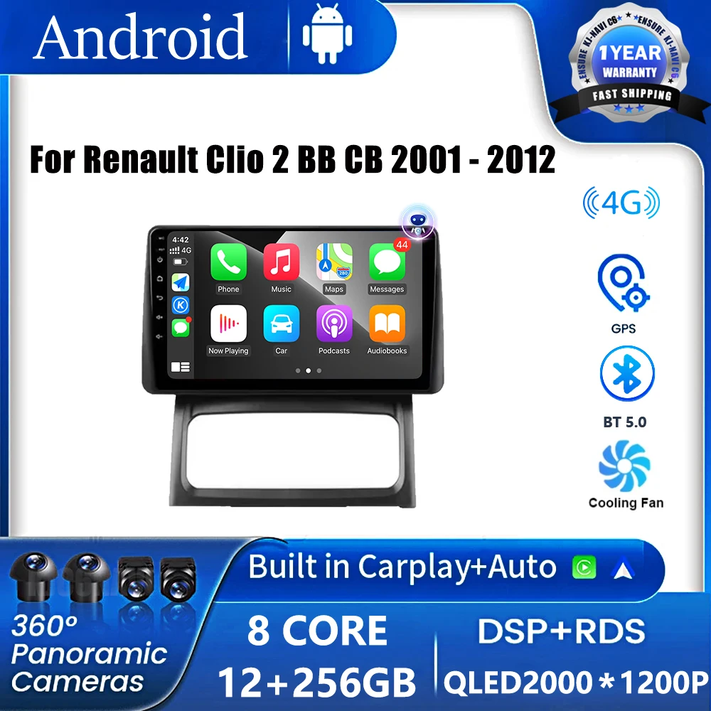 

4G ОС Android для Renault Clio 2 BB CB 2001-2012 Автомобильный радиоприемник Мультимедийный видеоплеер GPS-навигация Авторадио Carplay 4G + WIFI