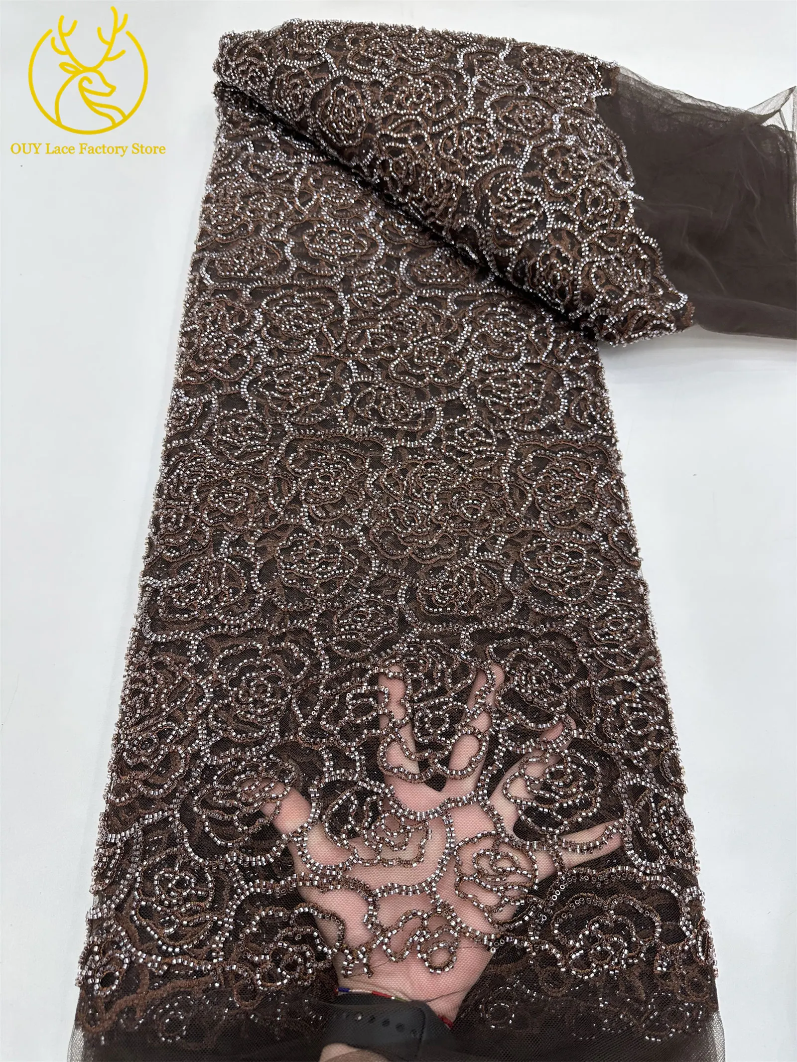 Stickerei-Blumen Perlen-Pailletten Spitzenstoff Französischer Tüll Netz-Stickerei Nigerianischer Spitzenstoff Brautkleid-Stoff – Detail 18
