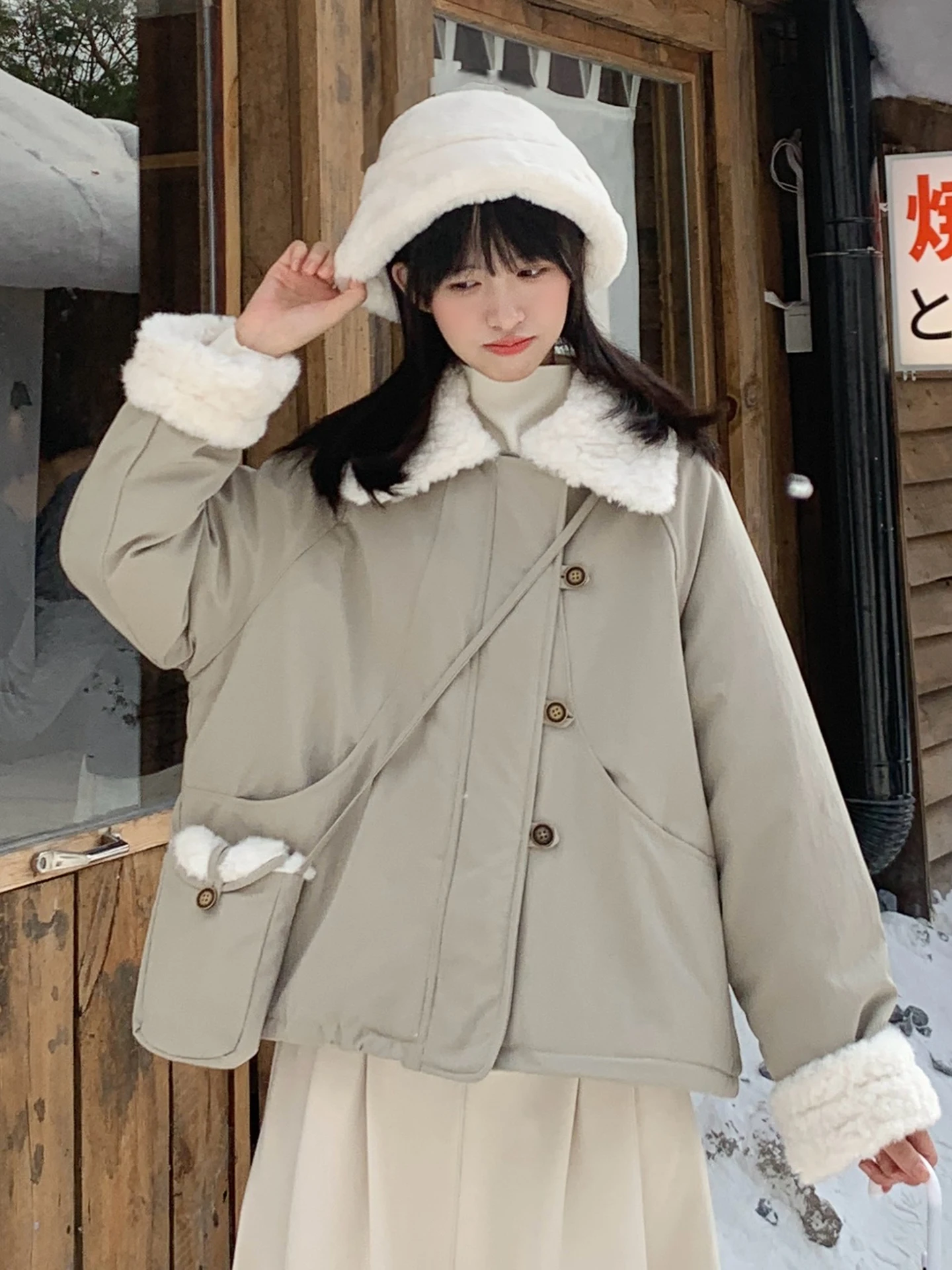 

Корейский Sle Thiened Jaet с меховым воротником ягненка, женская верхняя одежда, теплое пушистое пальто, свободный крой, длинный све, чистый цвет