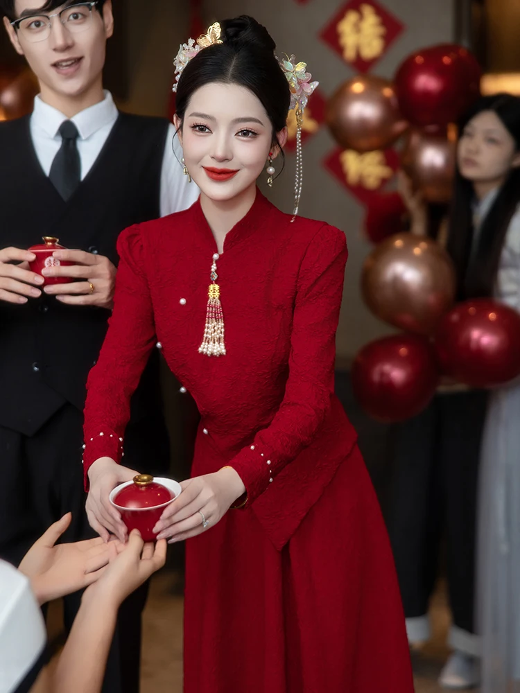 

Wedding Dr Red Long Sve Engagement Ceremony Dr Suit Pearl Embellied mid Waist A-Line Skirt for Women