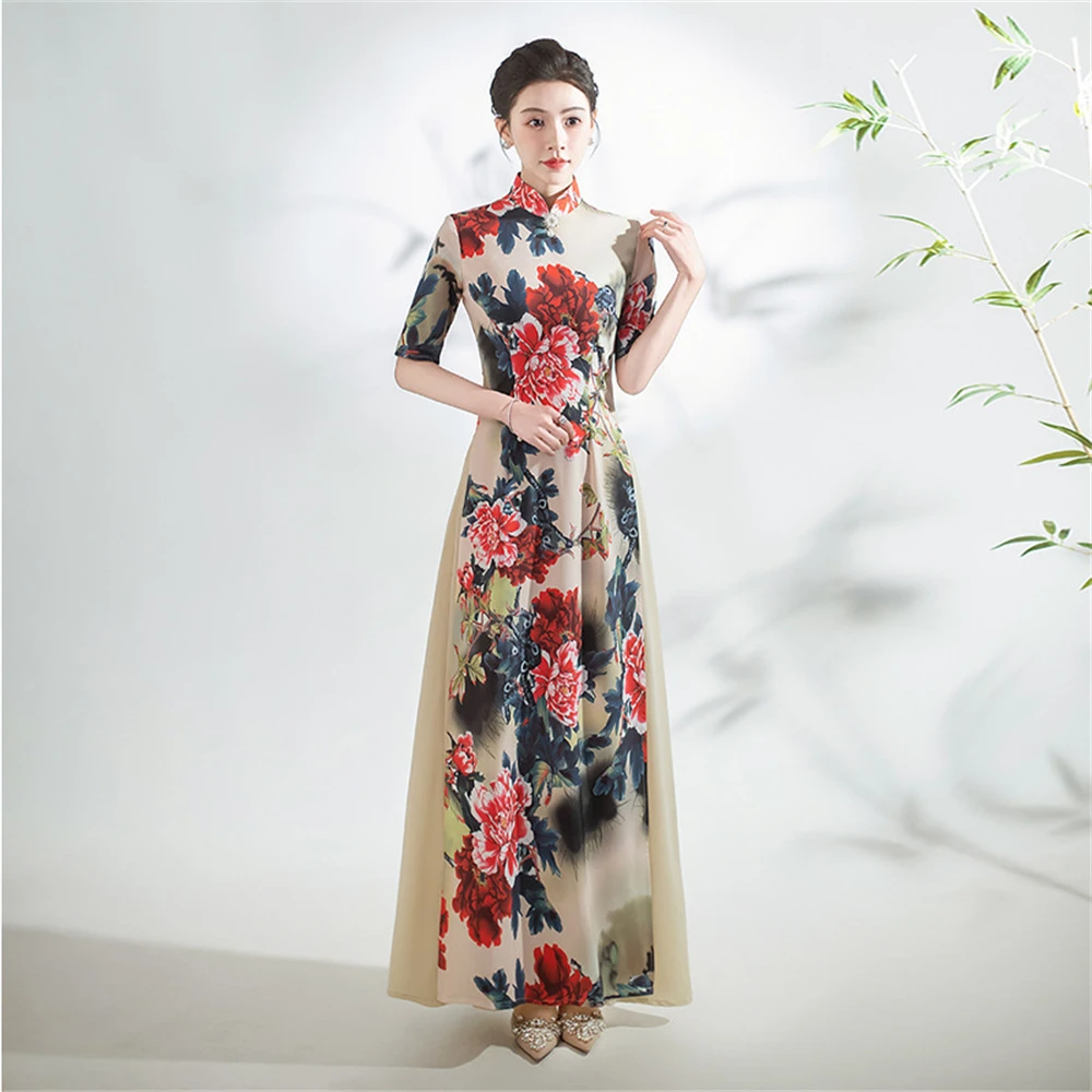 

Chinese Classical Improved Qipao Traditional Vintage Floral Print Cheongsam Ladies AoDai Dress Oriental Temperament Evening Gown
