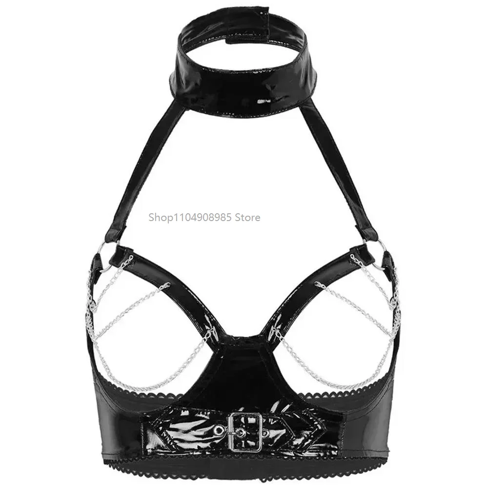 

Women's Sexy Wet Look Bralette Tops Erotic Breast Exposed Hollow Out Halter PVC Leather Open Cup Latex Bras with Chain Lingerie