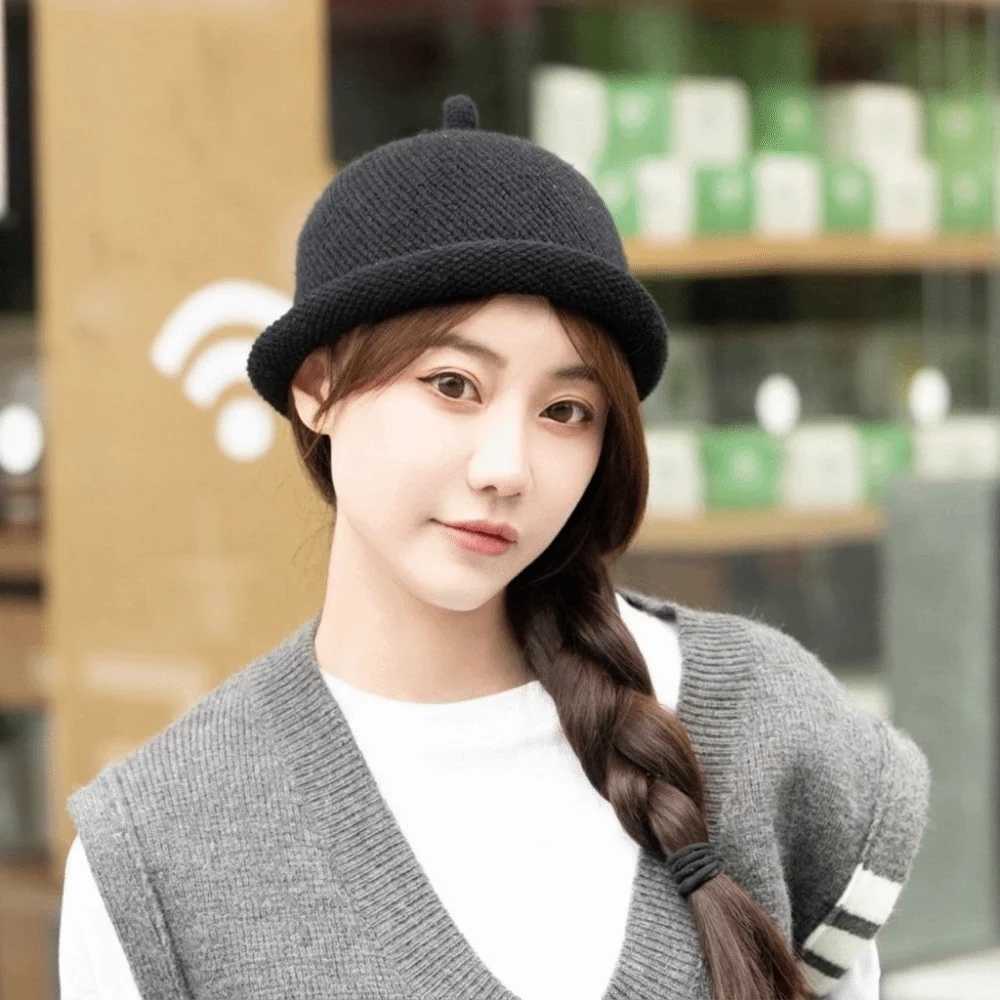 Casual Solid Color Melon Skin Hat Knitted Keep Warm Painter Hat Hip Hop Rolled Edge Beret Cap Autumn