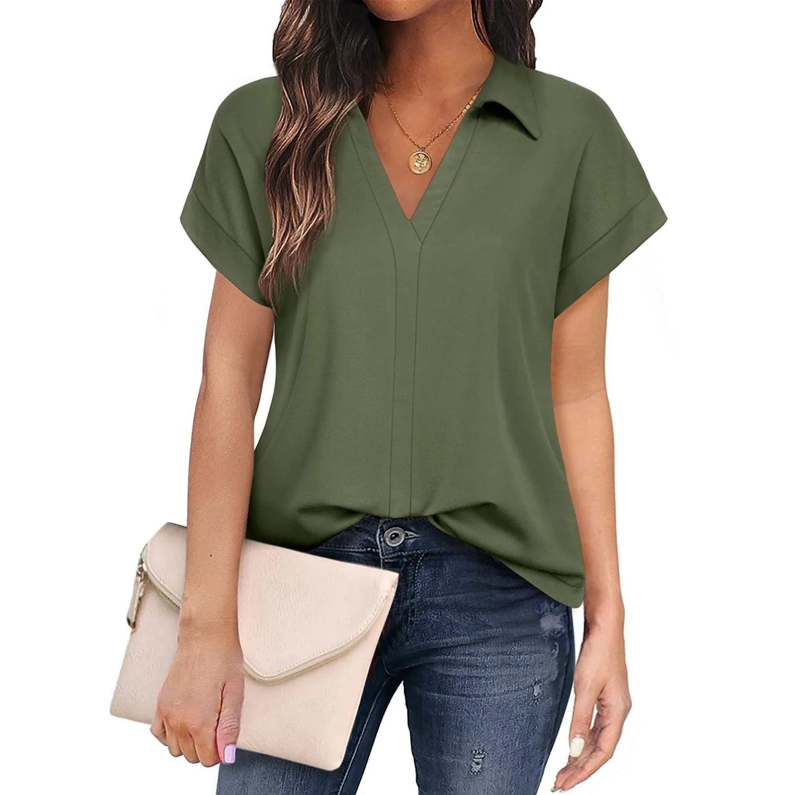 Elegant Shirt For Women Solid Colour V Neck Business Commuter Shirt Top 2024 Summer Fashion Lapel Short Sleeve Blouse Shirt