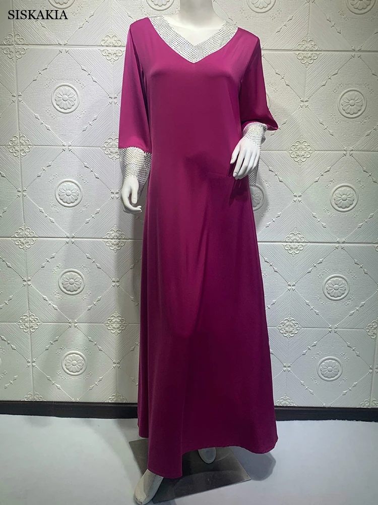 Muslim Women Summer Dress Soft Satin Rhinestones Beaded Mesh Stitching Brief Solid Gulf Abayas Elegant Moroccan Jalabiya Purple