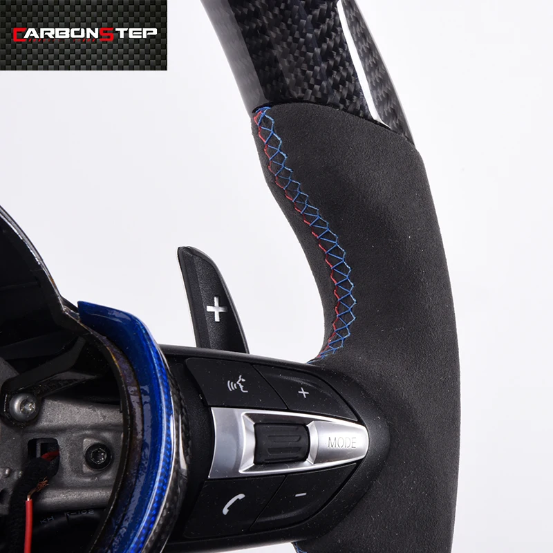 For BMW Glossy Carbon Fiber Blue Trim Shift Paddles Buttons LED Real Leather Car Steering Wheel