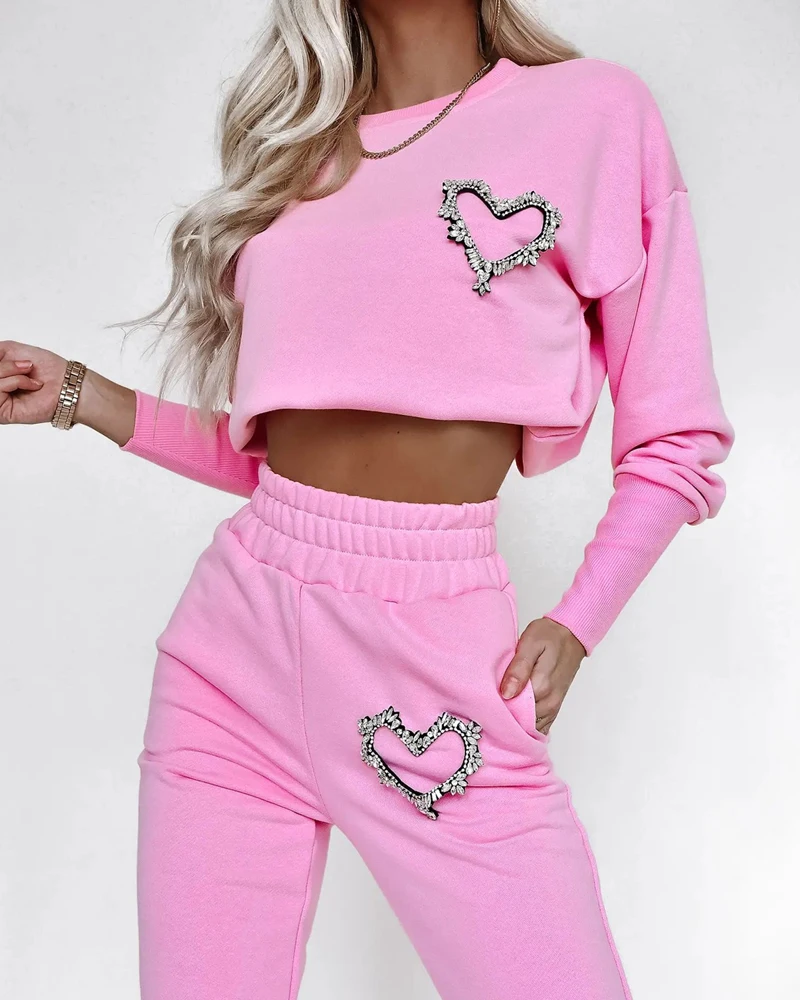 Women's two-piece set, new autumn 2024, diamond heart-shaped top, solid color pants set, casual, simple, two-piece set