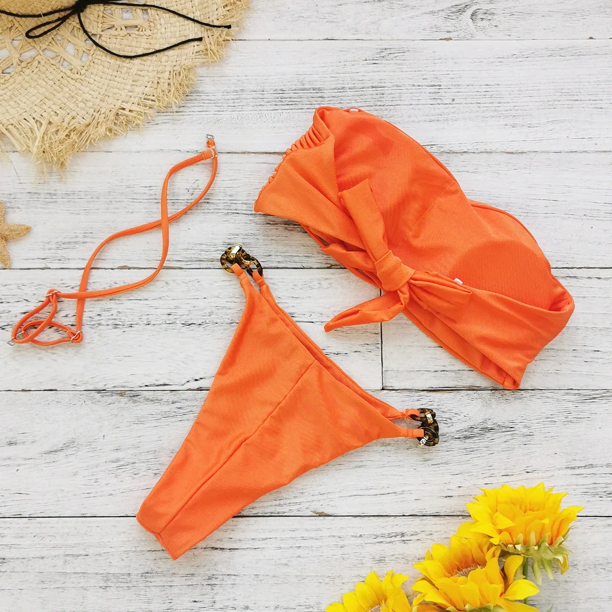 2026 New Sexy Orange Bikini Set with Pleated Design and Gold Rings - Adjustable Straps, Perfect for Beach Wear and Pool Parties