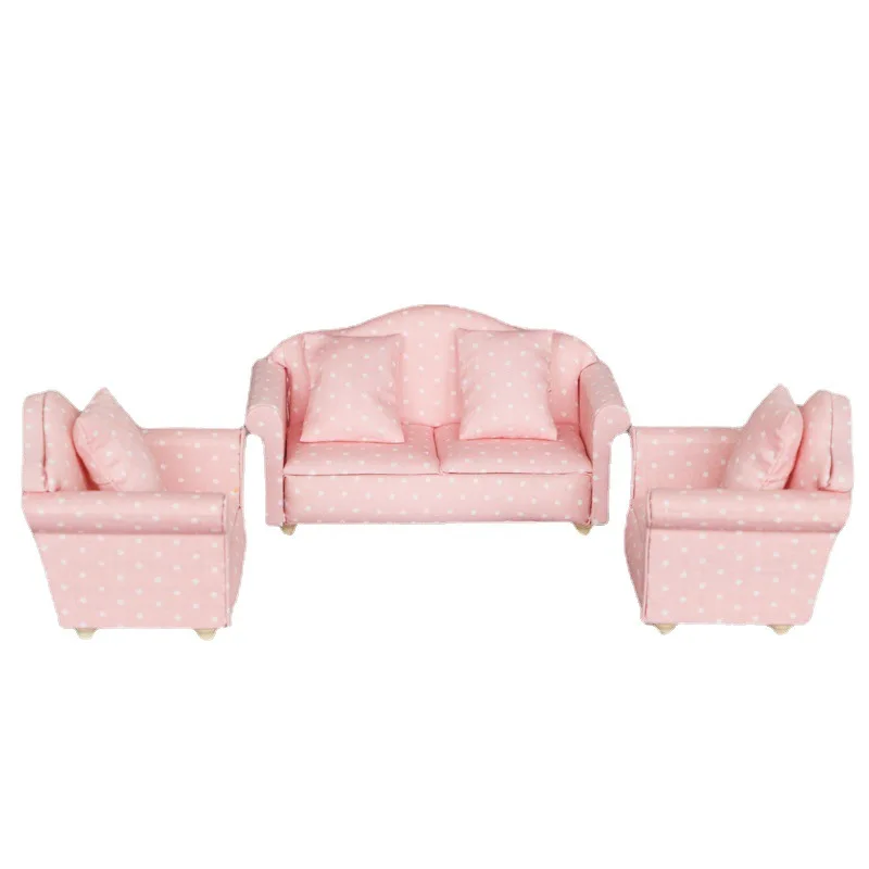 1:12 Dollhouse Miniature Furniture - Living Room Pink Polka Dot Sofa 3-Piece Set with Cushions