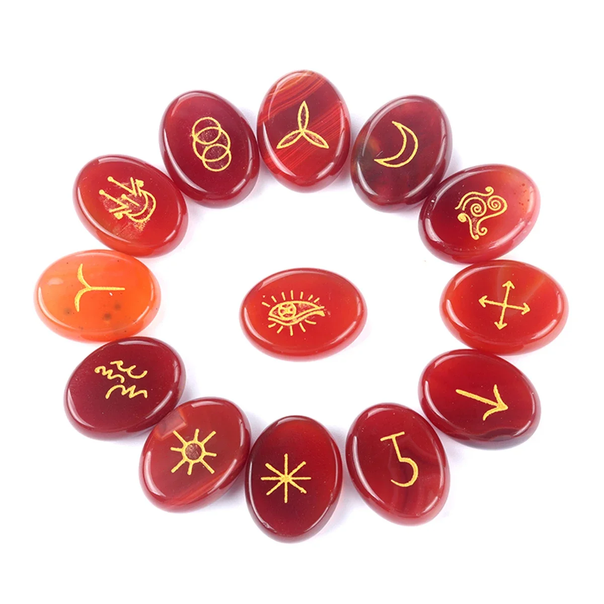 

13Pcs/Set Witch Rune Ornaments Natural Stone Agates Engraved Rune Oval Beads Home Decor Small Ornament Halloween Christmas Gift