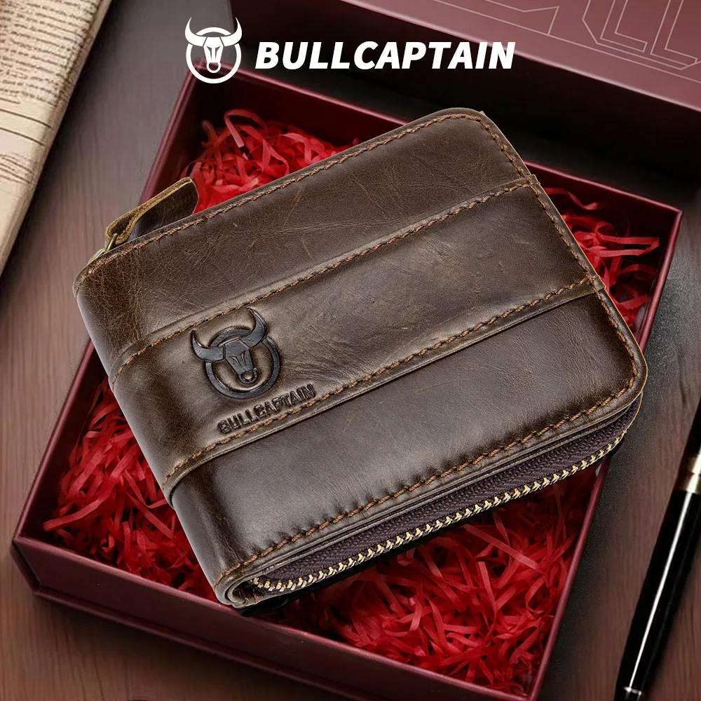 Portfel męski BULLCAPTAIN z prawdziwej skóry, blokujący RFID, portfel vintage z klapką na zamek błyskawiczny, z kieszonką na monety i przegródkami na karty kredytowe.
