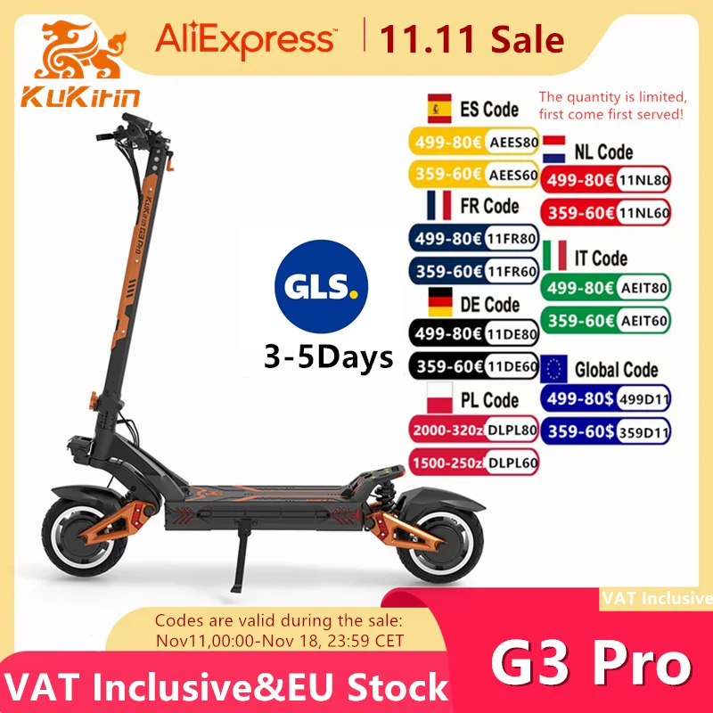 EU Stock Original KuKirin G3 Pro Smart Electric Scooter 52V 23.2Ah Battery 1200W*2 Motor 65Km/h Speed 80KM Range Kickscooter