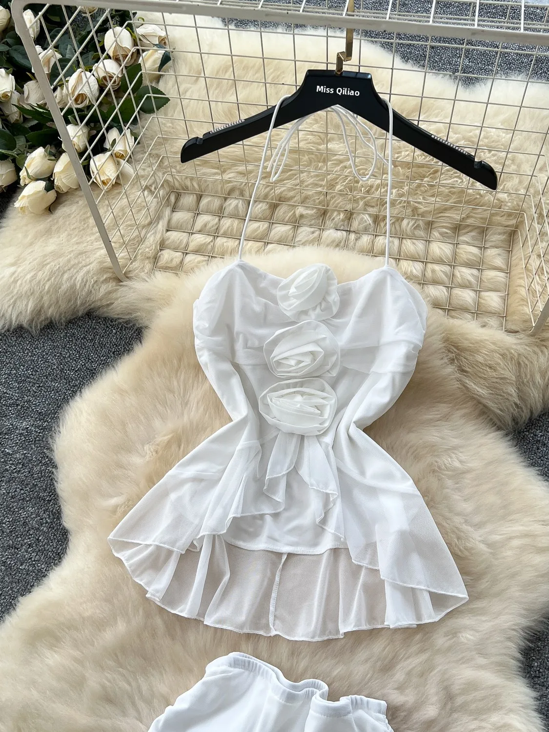 

Женский комплект Summer Vaion Pure Desire Ne Hanging Strap Top + юбка с высокой талией и цветочным 3D-дизайном Long Sve V-Ne