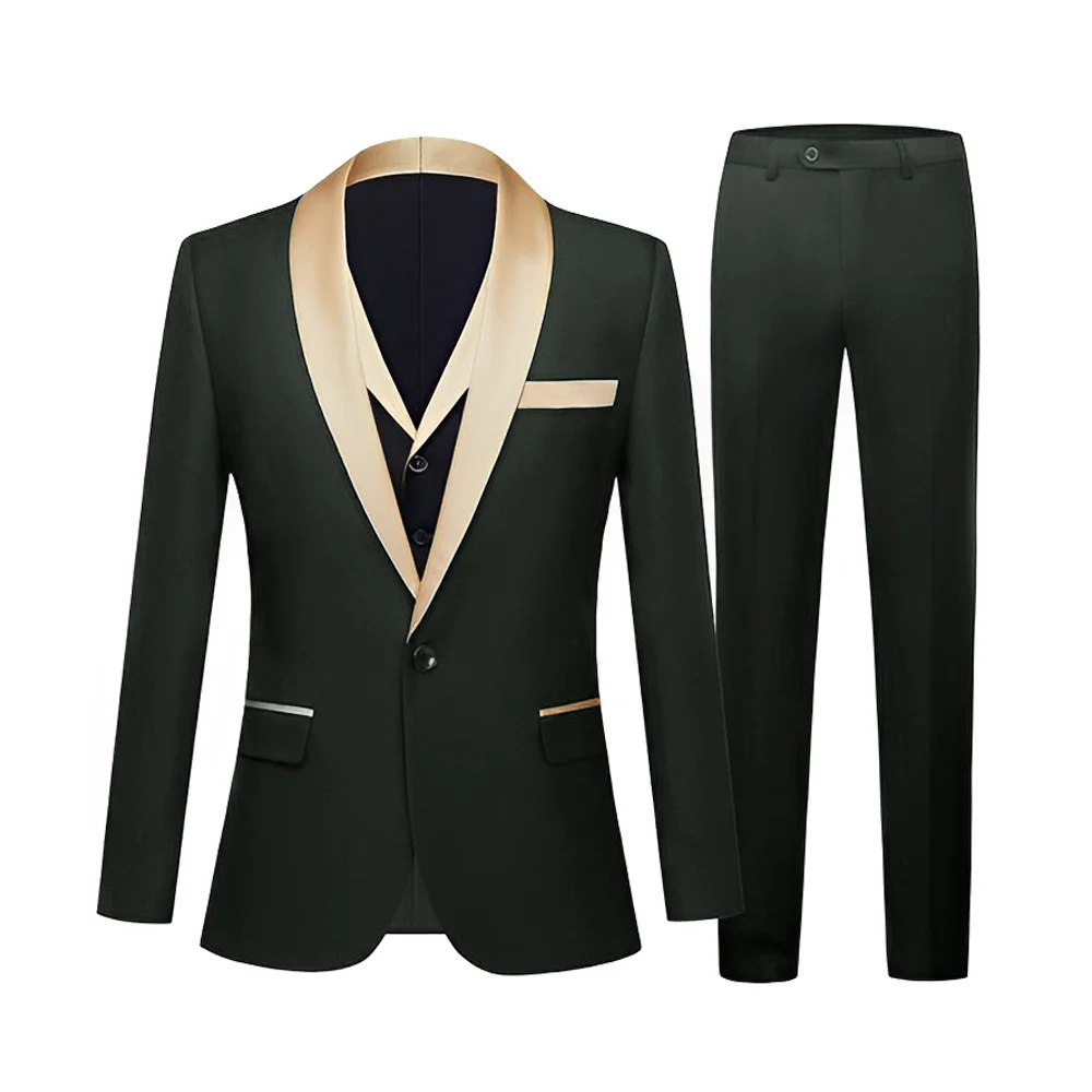 Black Men's Suit 3 piece Suit Formal Jacket Pants Vest Wedding Groom Tuxedo Champagne Shawl Collar Blazer