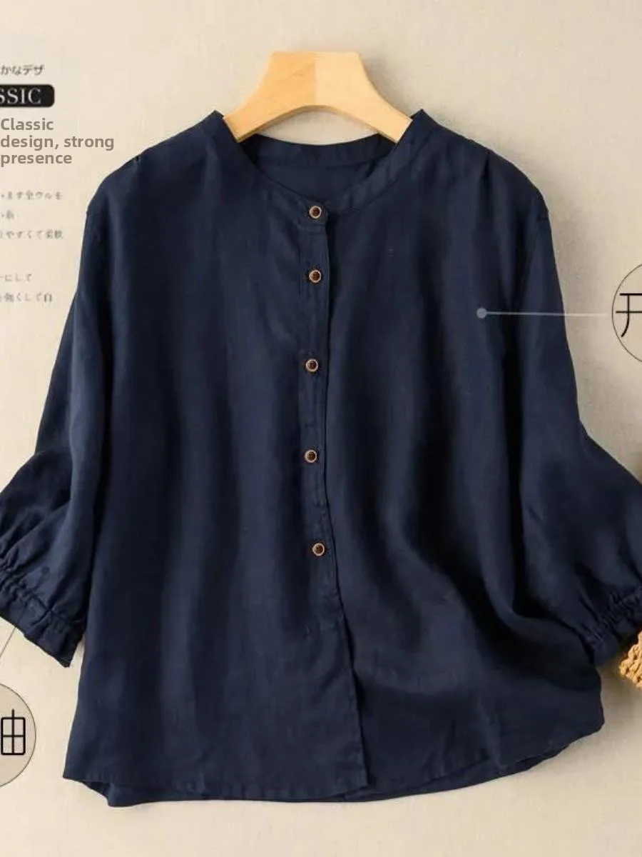 ルーズコットンリネンシャツ女性の無地ラウンドネック5袖春夏新スタイル薄いポケットハンカチ