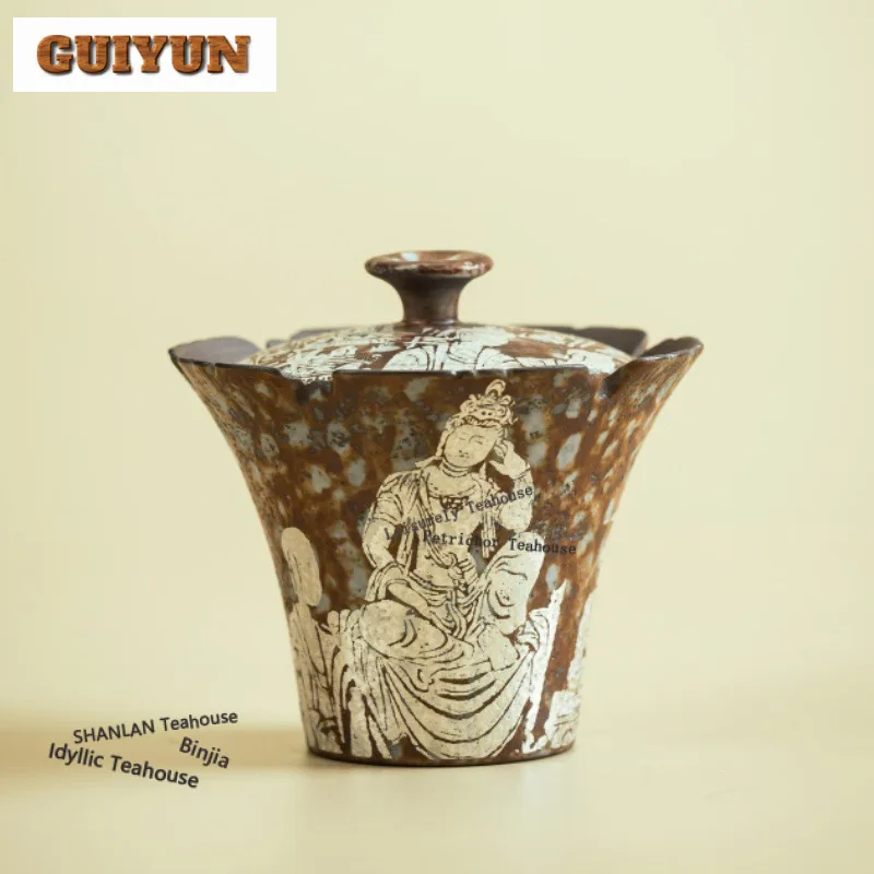 

140ml Old Rock Clay Coarse Pottery Dunhuang Gaiwan Zen Tea Tureen Tea Bowl With Lid Kit Tea Maker Cover Bowl Tableware Craft