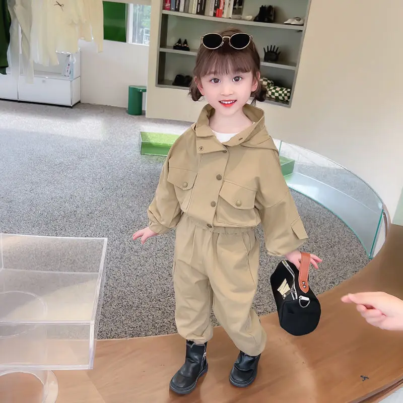 

Girls' Spring Suits 2023 New and Autumn Coat Baby Classic Style Long-Sleeve Suit Leisure Cargo Two-Piece Set