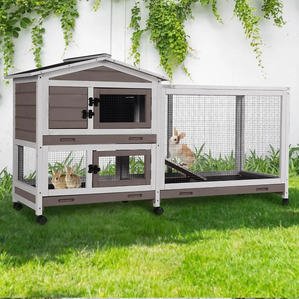 

Rabbit Hutch Indoor with Chew-Proof Ramp, 62" L Wooden Rabbit Cage with 6 Casters, Bunny Cage with 2 Trays and 2 Story for Smal